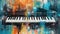 Generative AI, Jazz music street art with piano musical instrument silhouette. Ink colorful graffiti art on a textured wall,
