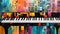 Generative AI, Jazz music street art with piano musical instrument silhouette. Ink colorful graffiti art on a textured wall,
