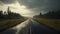 Generative AI, Landscape, lonely road, mountains, country side. Photorealistic horizontal illustration, asphalt road, wilderness