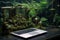 Generative AI, Laptop covered in moss and plants. Nature and technology