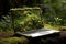 Generative AI, Laptop covered in moss and plants. Nature and technology