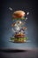 Generative AI. Levitating burger slices. Flying food. Hamburger bun, double chicken cutlet with cheese, lettuce, arugula and