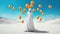 Generative AI. A lonely female figure in a white dress with a hood and orange balloons. Blue sky and white desert. Conceptual,