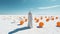 Generative AI. A lonely female figure in a white dress and orange balloons. blue sky and desert. Conceptual, creative and surreal