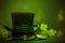 Generative AI of a Lucky Green Leprechaun Hat and Gold Coins for Happy Saint Patrick`s Day: A Traditional Irish Symbol of Wealth