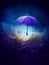 Generative AI: magic purple umbrella in a fantasy landscape