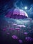 Generative AI: magic purple umbrella in a fantasy landscape