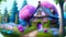 Generative AI Magical fairytale hut in woods, tree house blue pink theme