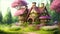 Generative AI Magical fairytale hut in woods, tree house pink theme