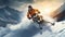 Generative AI. A male athlete in a protective helmet and mask wears an orange bright suit driving a snowmobile in the