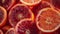 Generative AI Many slices of juicy blood orange fruits as background business concept.