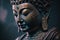 Generative AI. Meditating Buddha Statue on dark background. Soft focus. Close up. Copy space