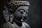Generative AI. Meditating Buddha Statue on dark background. Soft focus. Close up. Copy space