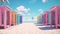 Generative AI, Miami beach huts, Summer Vibes retro illustration. Vintage pink and blue colors, buildings, California palms, 80s