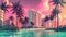 Generative AI, Miami Summer Vibes retro illustration. Vintage pink and blue colors, buildings,