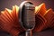 Generative AI of a microphone with orange paper sheets in the background