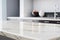 Generative AI. A modern marble kitchen countertop with decor and a copy space to mount your product display on top of a