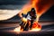 Generative AI: Motorcycle rider driving through fire and flames