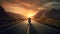 Generative AI, Motorcycle rider on street riding, sunset sky, having fun driving the empty highway on a motorcycle