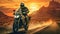 Generative AI, Motorcycle rider on street riding, sunset sky, having fun driving the empty highway on a motorcycle