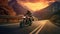 Generative AI, Motorcycle rider on street riding, sunset sky, having fun driving the empty highway on a motorcycle