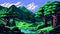 Generative ai mountain lake landscape, pixel art