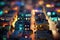 Generative AI, Night lights scene of city with houses, roads, cars, photorealistic tilt shift, long exposure effect horizontal
