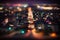 Generative AI, Night lights scene of city with houses, roads, cars, photorealistic tilt shift, long exposure effect horizontal