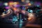 Generative AI, Night lights scene of city with houses, roads, cars, photorealistic tilt shift, long exposure effect horizontal