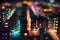 Generative AI, Night lights scene of city with houses, roads, cars, photorealistic tilt shift, long exposure effect horizontal