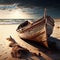 Generative AI:  old wooden boat stranded on the lonely beach