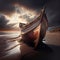 Generative AI:  old wooden boat stranded on the lonely beach