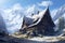 Generative AI old wooden frame house on the top of a mountain among snowy mountain peaks. Viking house in the village.