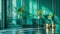 Generative AI Panorama of a luxurious apartment interior with green walls golden plant stands and a modern teal si