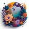 Generative AI, paper art illustration,flowers, rivers, circles, plants, bright colors, stickers