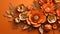 Generative AI, Paper cut craft flowers and leaves, apricot crush orange color, origami textured background