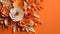 Generative AI, Paper cut craft flowers and leaves, apricot crush orange color, origami textured background