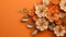 Generative AI, Paper cut craft flowers and leaves, apricot crush orange color, origami textured background