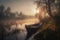 Generative AI. Picturesque summer sunset over a lake . The last rays of the setting sun, misty atmosphere. Romantic lake with boat