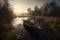 Generative AI. Picturesque summer sunset over a lake . The last rays of the setting sun, misty atmosphere. Romantic lake with boat