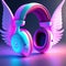 Generative AI: pink and blue neon headphones with wings