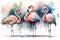 Generative AI. Portret of three Flamingo birds, watercolor painting. Red flamingo