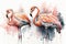 Generative AI. Portret of two Flamingo birds, watercolor painting. Red flamingo