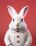 Generative AI Positive bearded red haired man gives you small white fluffy bunny has happy festive mood before hol