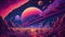 Generative AI, Psychedelic Space banner template, nostalgic 80s, 90s background. Horizontal illustration of the future landscape