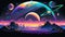 Generative AI, Psychedelic Space banner template, nostalgic 80s, 90s background. Horizontal illustration of the future landscape