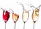 Generative AI Red, white and rose wine glasses and one champagne glass dancing and plash on white background busin