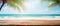 generative AI. Relaxing Summer Vibes: A Serene Wooden Table Against a Blue Sky, Overlooking a Palm Leaf-Blurred Bokeh Background