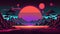 Generative AI, Retro style, nostalgic 80s, 90s. Night landscape, sunset colors, scifi, retrowave vintage illustration. Sun,