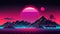 Generative AI, Retro style, nostalgic 80s, 90s. Night landscape, sunset colors, scifi, retrowave vintage illustration. Sun,